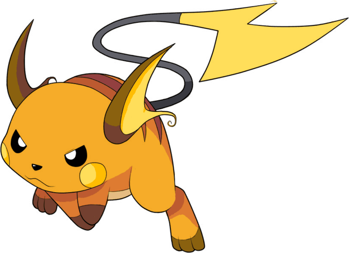 Raichu leaping forward with a lightning-bolt tail